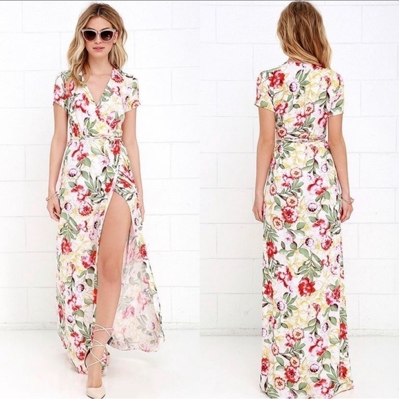 Lulu’s Vine Art Ivory Floral Wrap Maxi Dress  SZ XS - Picture 1 of 9